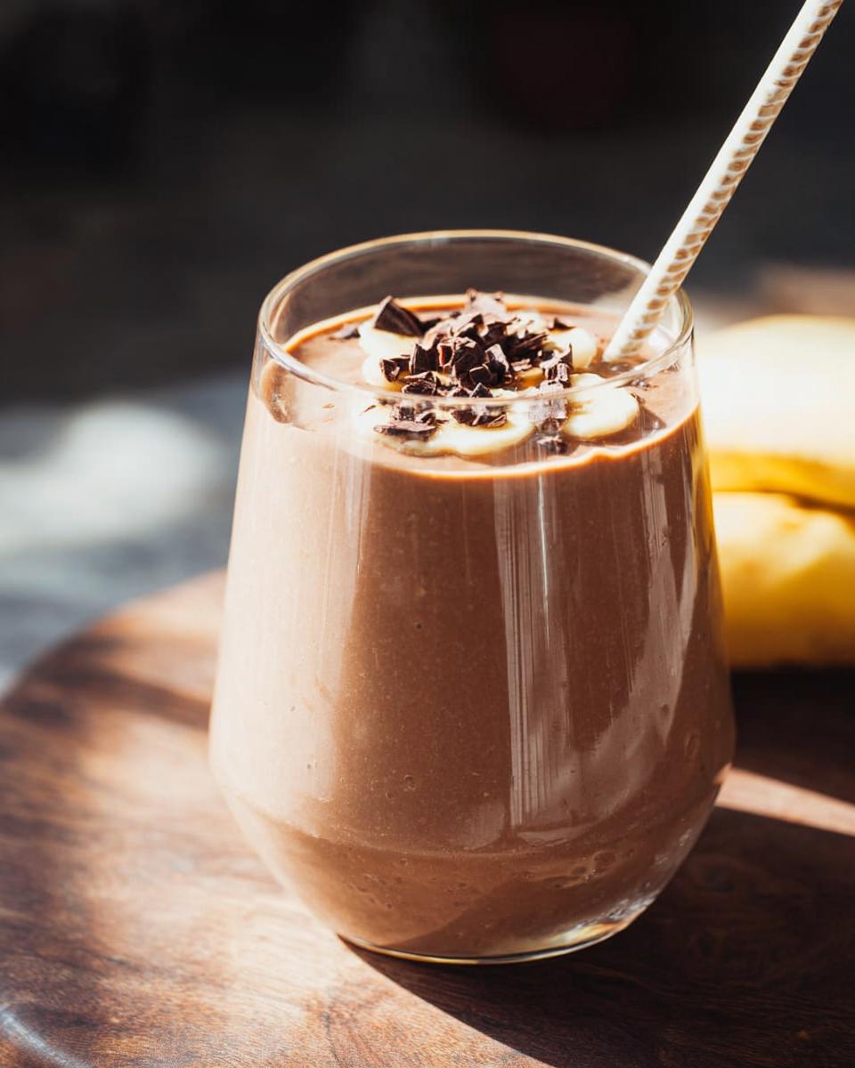 A thick, brown Chocolate Peanut Butter Smoothie topped with banana slices and chocolate shavings, served with a straw.