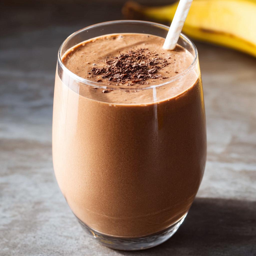 A thick, creamy Chocolate Peanut Butter Smoothie topped with chocolate shavings and a straw.
