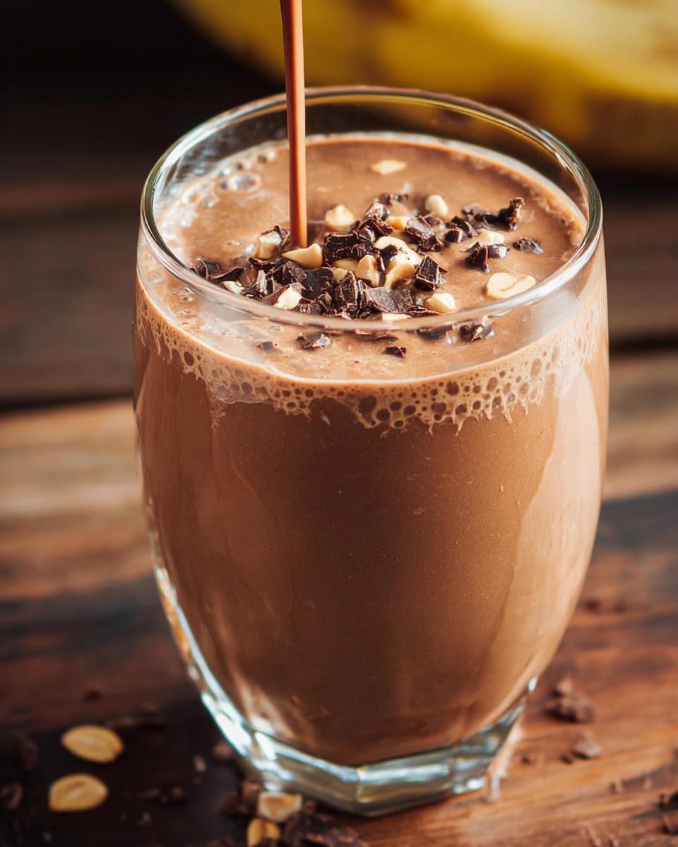 Close-up of a thick Chocolate Peanut Butter Smoothie in a glass, topped with chopped peanuts and chocolate shavings.