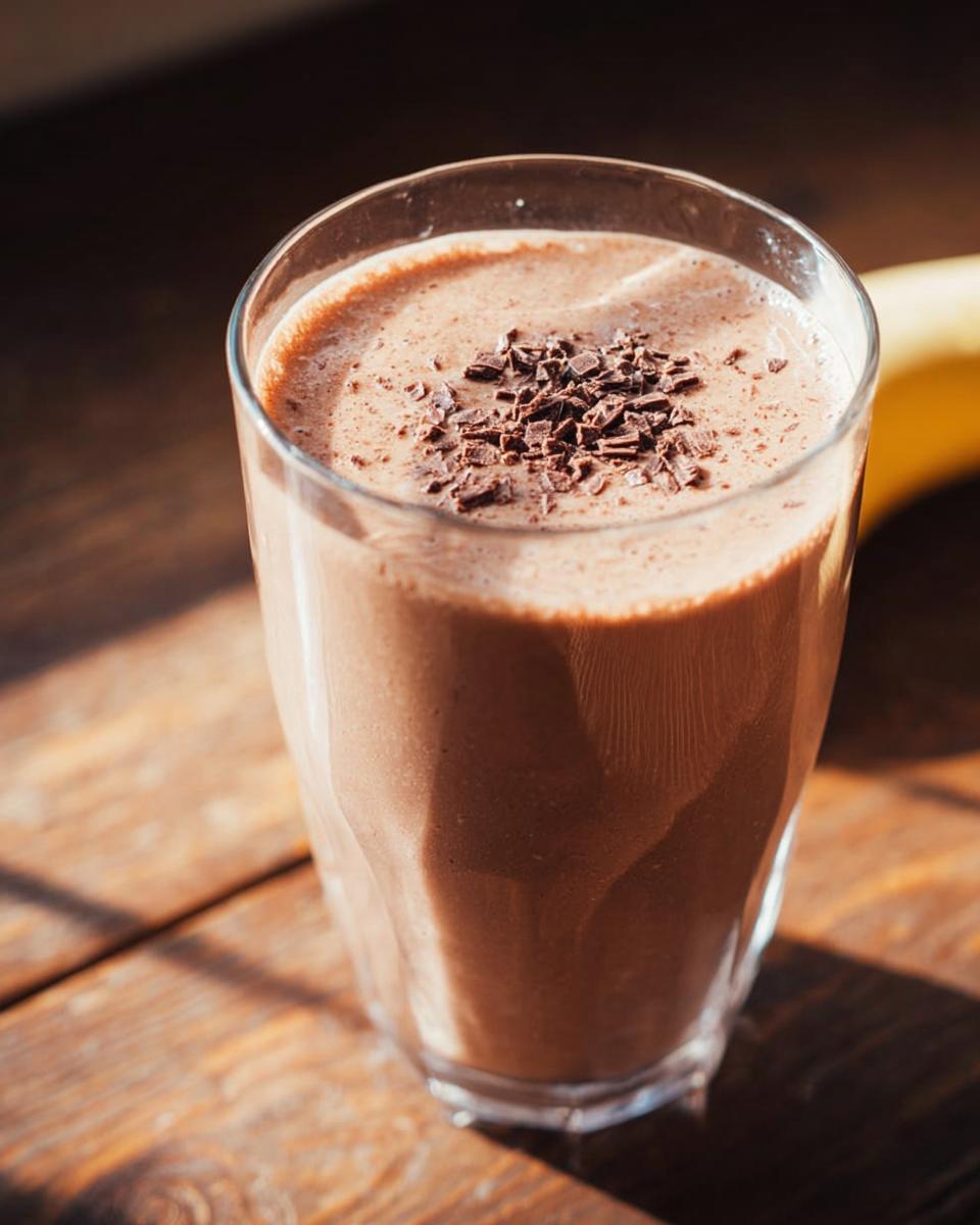 A tall glass filled with a thick Chocolate Peanut Butter Smoothie, topped with dark chocolate shavings.