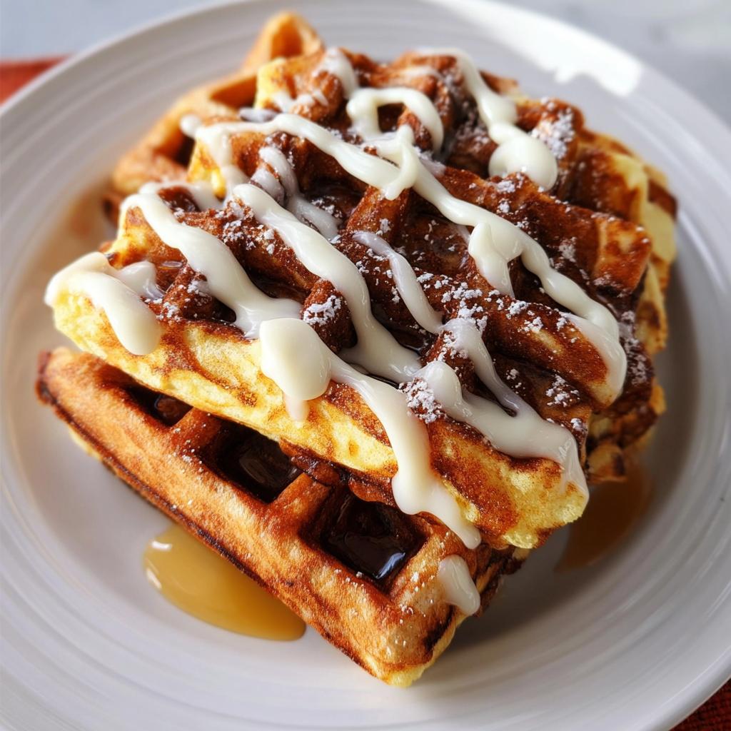 Close-up of stacked Cinnamon Roll Waffles topped with white icing drizzle and powdered sugar.