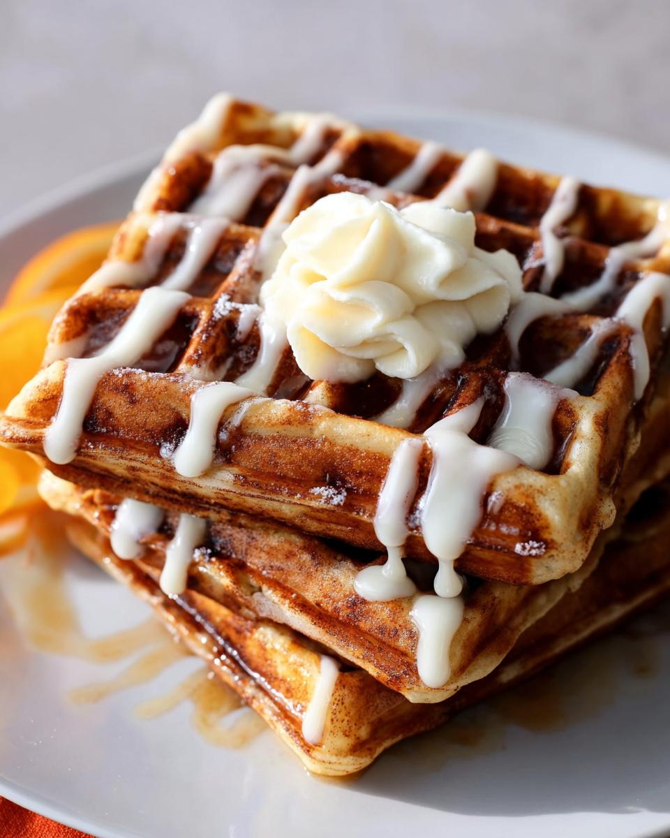 A close-up of stacked Cinnamon Roll Waffles drizzled with white icing and topped with cream cheese frosting.