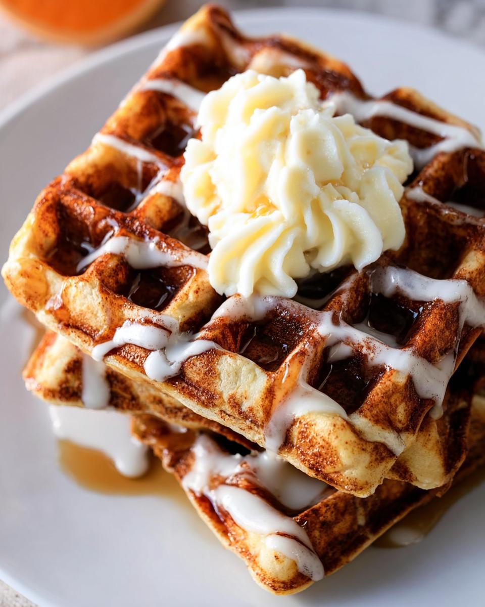 Close-up of a stack of three Cinnamon Roll Waffles drizzled with white icing and topped with whipped butter.