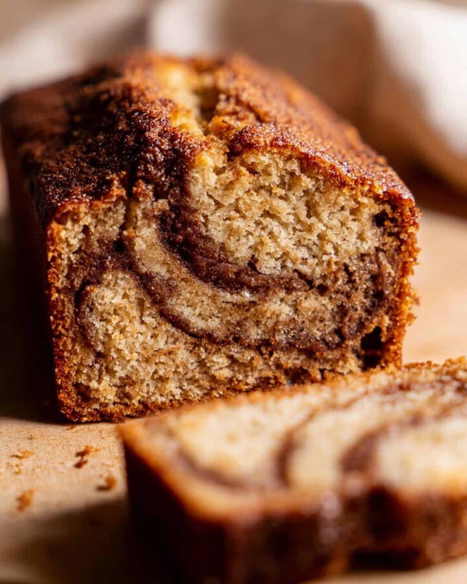 A close-up, cross-section view of a moist Cinnamon Swirl Banana Bread loaf with a distinct dark cinnamon swirl pattern.