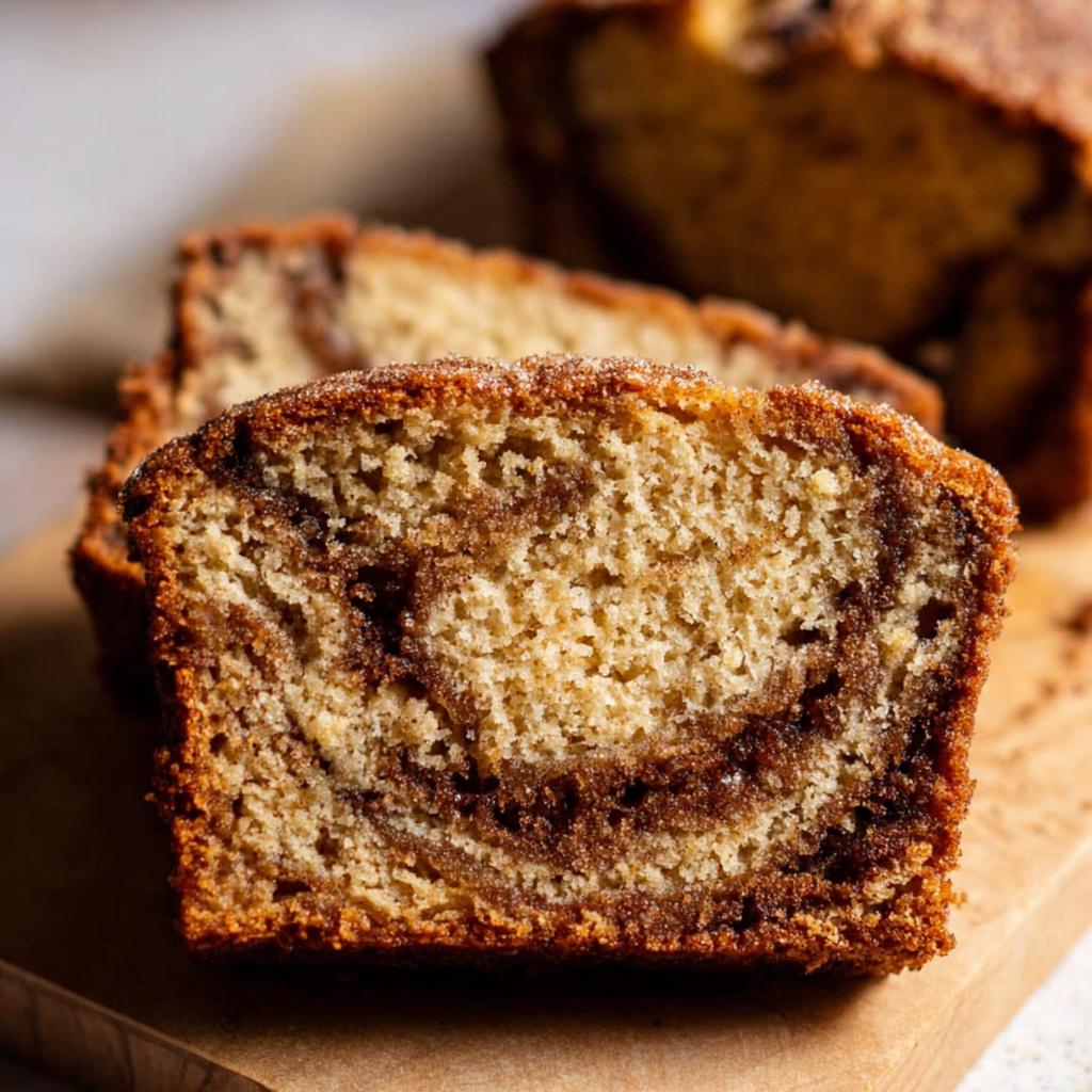 A close-up slice of moist Cinnamon Swirl Banana Bread showing a rich, dark cinnamon swirl pattern inside.