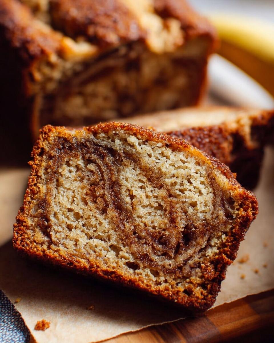 A thick slice of Cinnamon Swirl Banana Bread showing a rich, dark cinnamon swirl pattern inside the moist crumb.