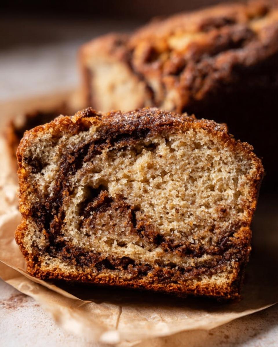 A thick slice of Cinnamon Swirl Banana Bread showing a rich, dark cinnamon swirl inside the moist crumb.