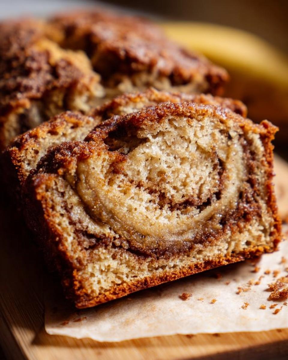 A close-up of a thick slice of Cinnamon Swirl Banana Bread showing a beautiful cinnamon swirl pattern inside.
