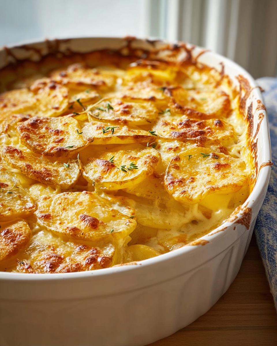 Close-up of golden brown Au Gratin Potatoes (Classic) baked in a white oval casserole dish, topped with thyme.