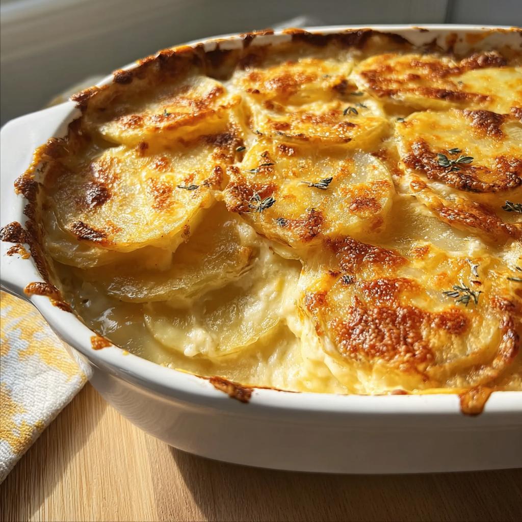 Close-up of freshly baked Au Gratin Potatoes with a golden, cheesy crust in a white casserole dish.