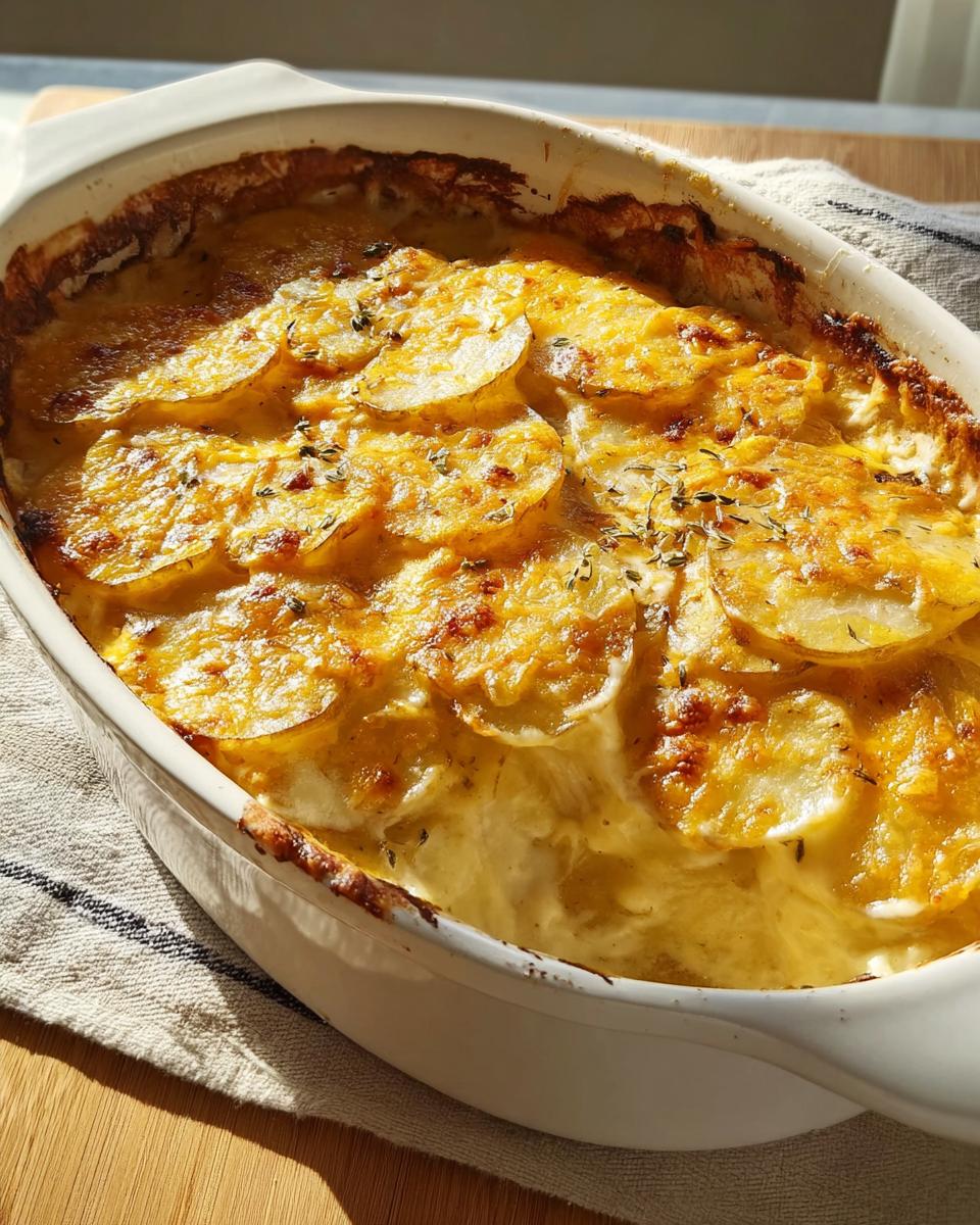 Close-up of classic Au Gratin Potatoes baked golden brown with creamy sauce in a white oval dish.