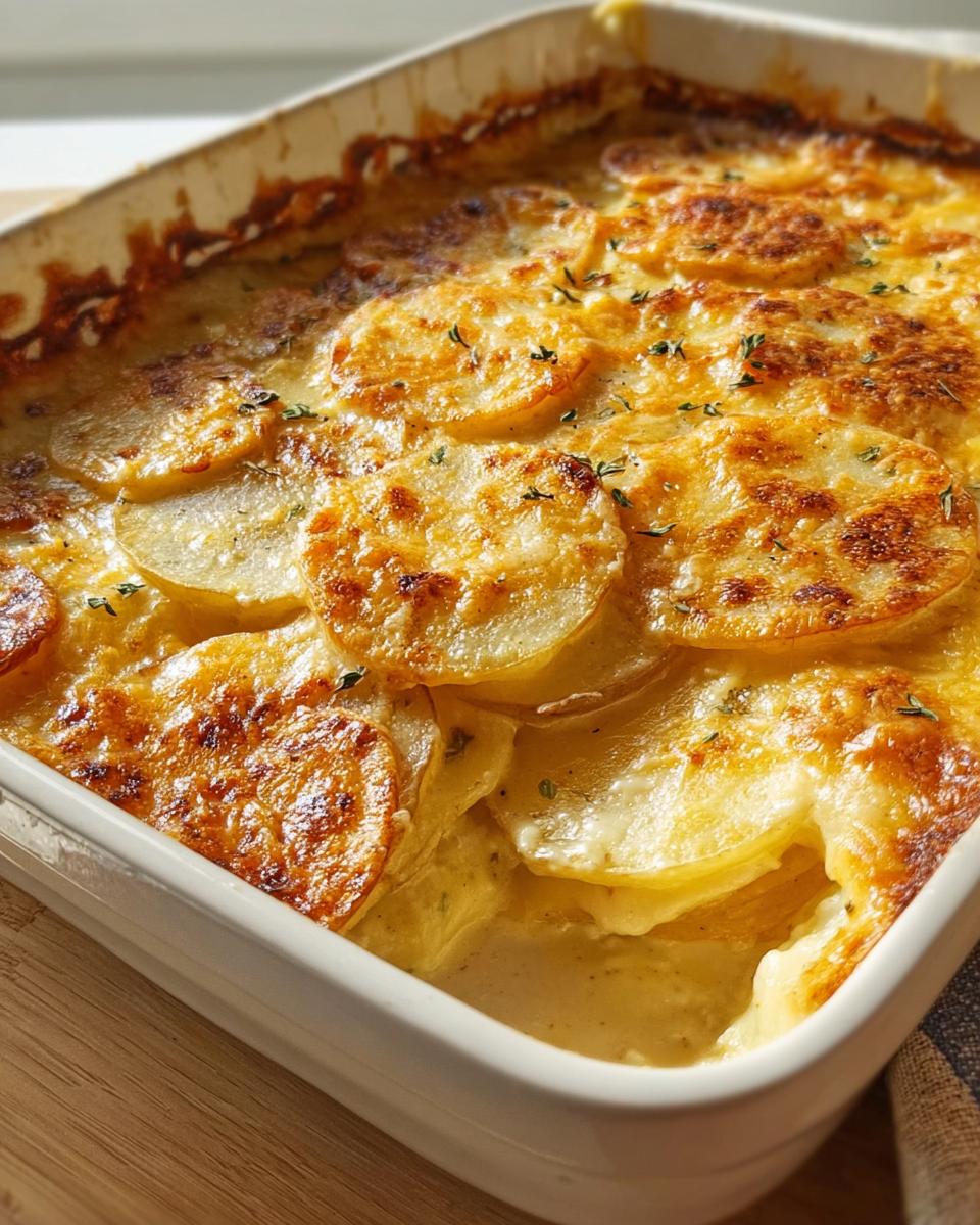 Close-up of classic Au Gratin Potatoes baked in a white dish with a golden, bubbly cheese crust and fresh thyme.