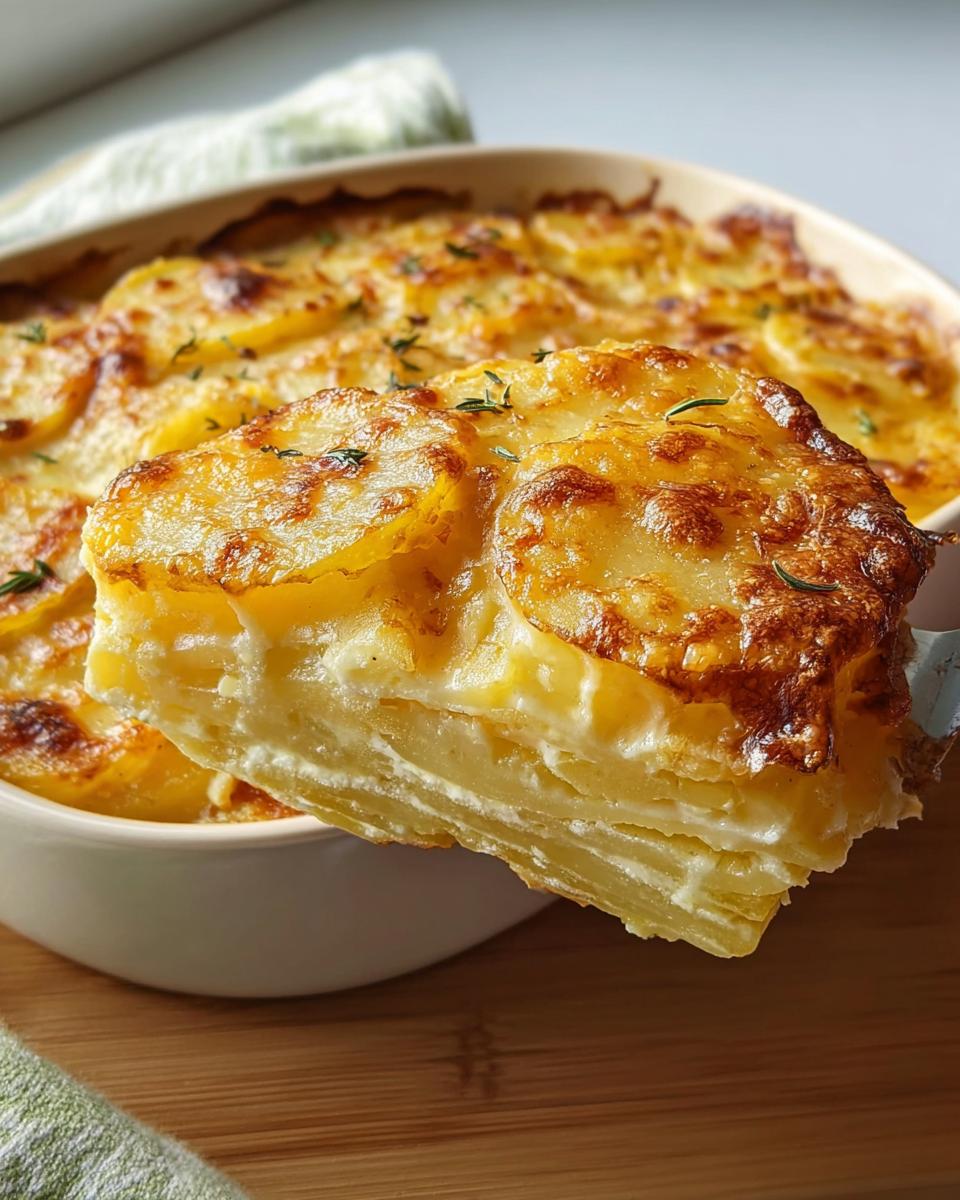 A perfectly baked slice of classic Au Gratin Potatoes being lifted from a casserole dish, showing creamy layers.