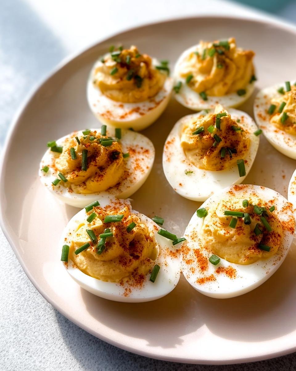 A plate of beautifully prepared Classic Deviled Eggs, piped high and garnished with paprika and fresh chives.