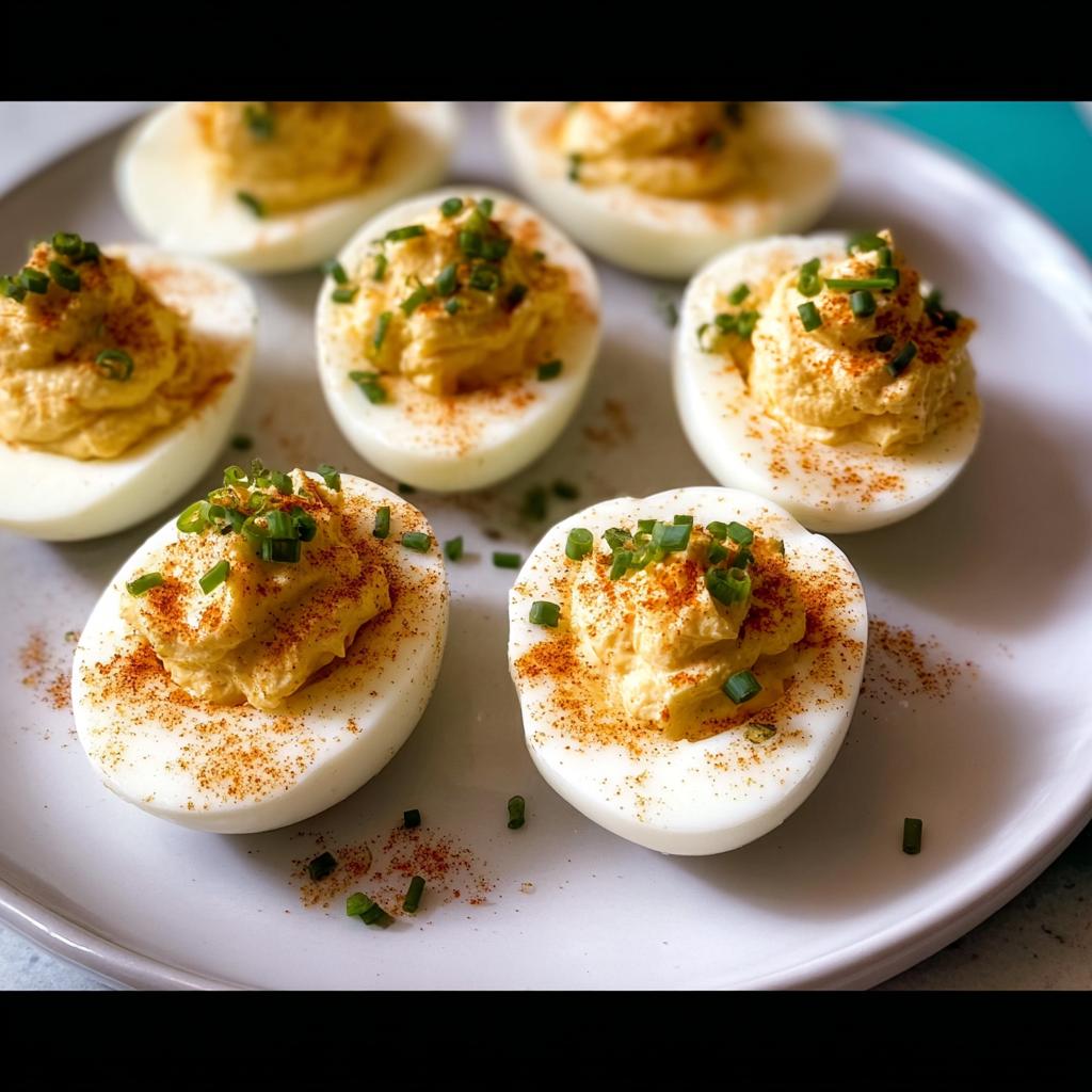 Six halves of Classic Deviled Eggs, filled with creamy yolk mixture, sprinkled with paprika and chives.
