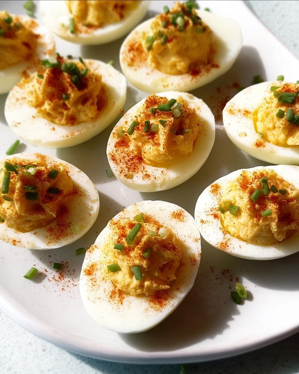 A platter of Classic Deviled Eggs topped with paprika and fresh chives, ready to serve.