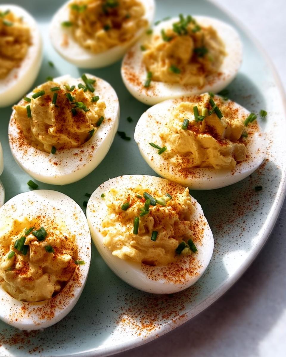 A close-up of several Classic Deviled Eggs garnished with paprika and chives on a light blue plate.