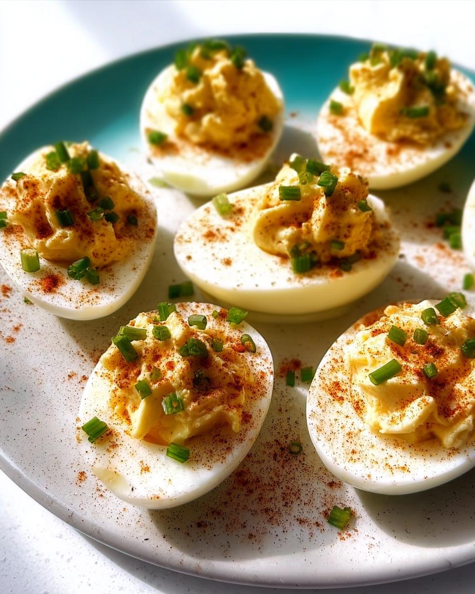 Close-up of several Classic Deviled Eggs, piped high and sprinkled with paprika and chives.
