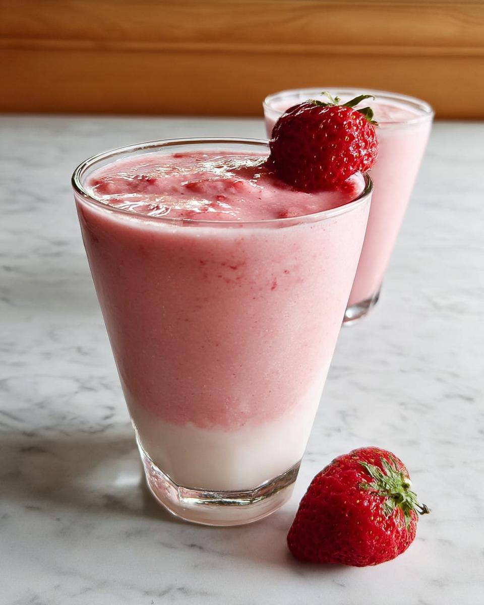 Close-up of a classic Strawberry Banana Smoothie, garnished with a fresh strawberry.