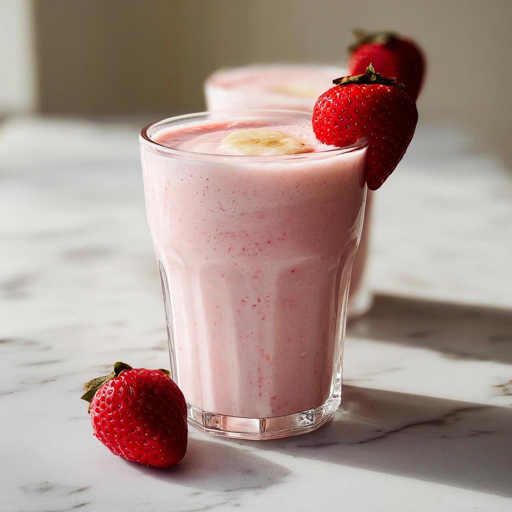Close-up of a pink Strawberry Banana Smoothie garnished with a fresh strawberry and banana slice.