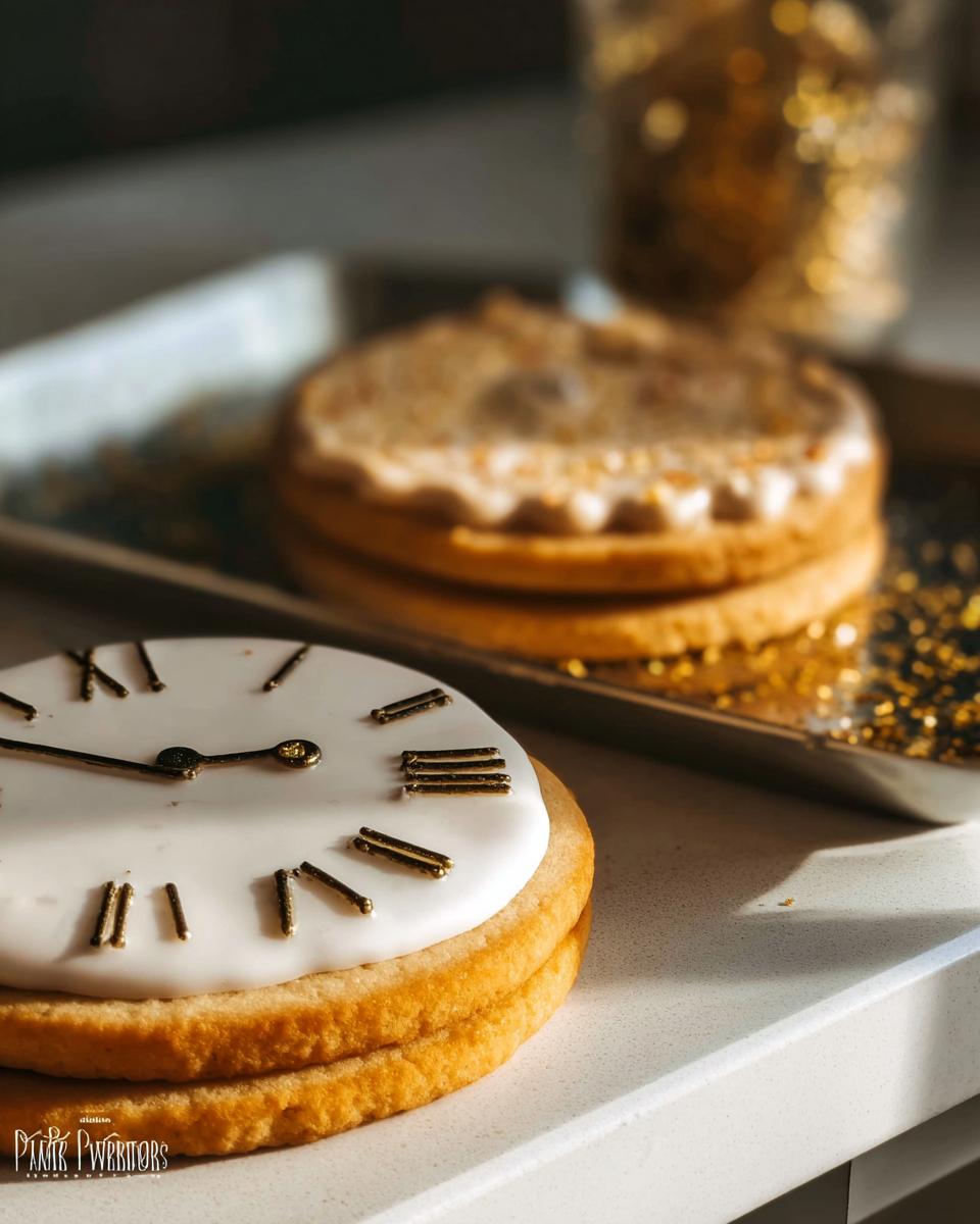 A detailed close-up of one of the Clock Face Countdown Cookies decorated with white royal icing and gold Roman numerals.