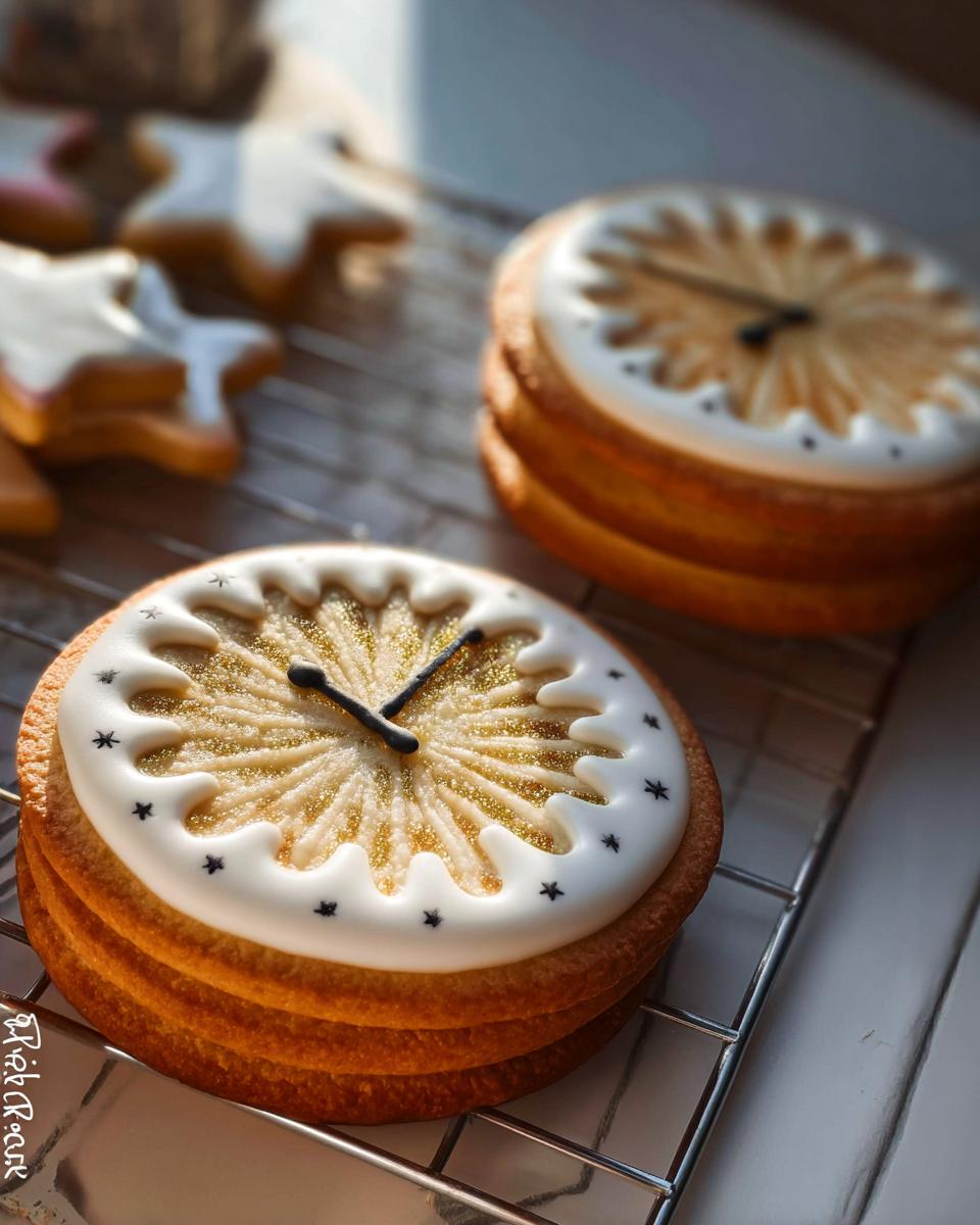 Close-up of beautifully decorated Clock Face Countdown Cookies featuring gold glitter and black hands on a cooling rack.