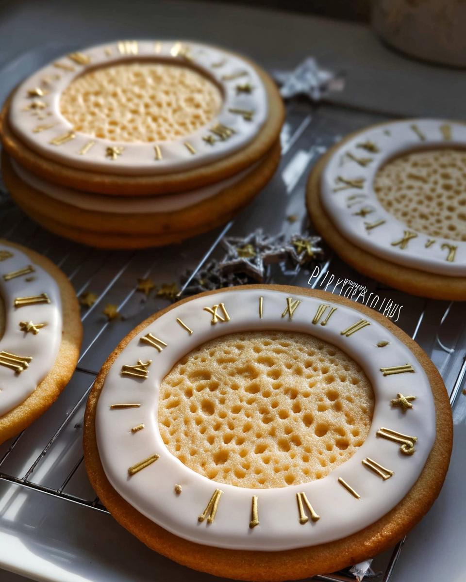 A detailed close-up of Clock Face Countdown Cookies decorated with white icing and gold Roman numerals.