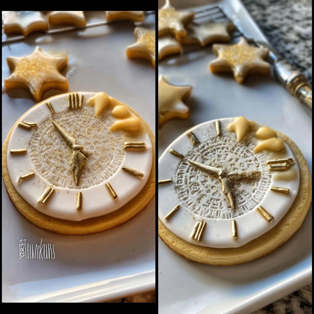 A beautifully decorated Clock Face Countdown Cookie featuring white icing, gold hands, and gold hour markers.