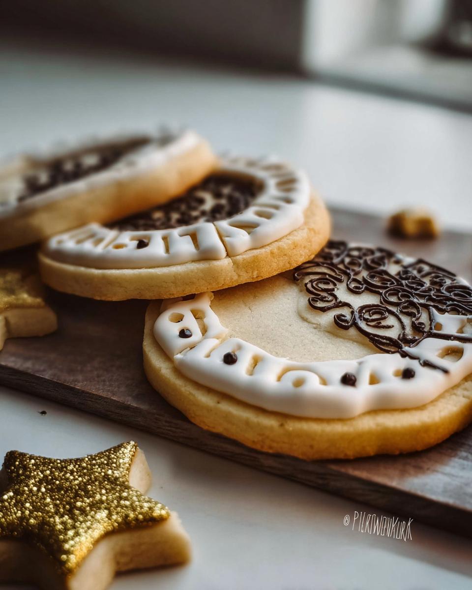 Close-up of decorated Clock Face Countdown Cookies featuring white and dark chocolate icing, next to a gold glitter star cookie.