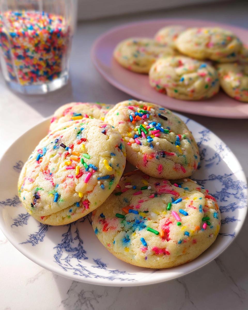 Close-up of soft, round Confetti Sprinkle Cookies loaded with colorful sprinkles on a blue and white plate.