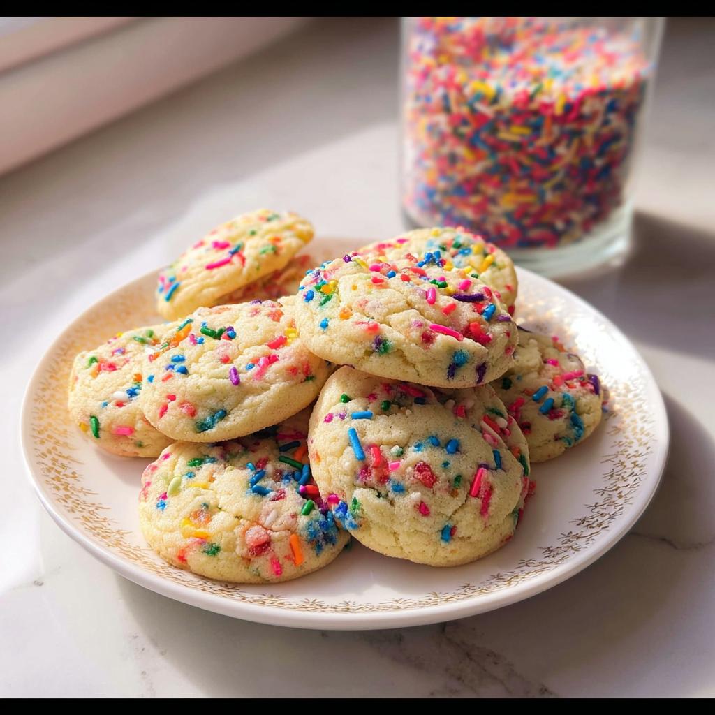 A plate piled high with soft, freshly baked Confetti Sprinkle Cookies dotted with colorful jimmies.