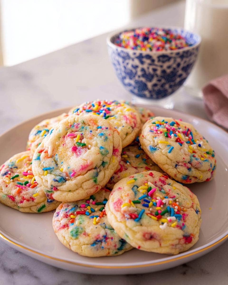 A pile of soft, chewy Confetti Sprinkle Cookies loaded with colorful sprinkles on a white plate.