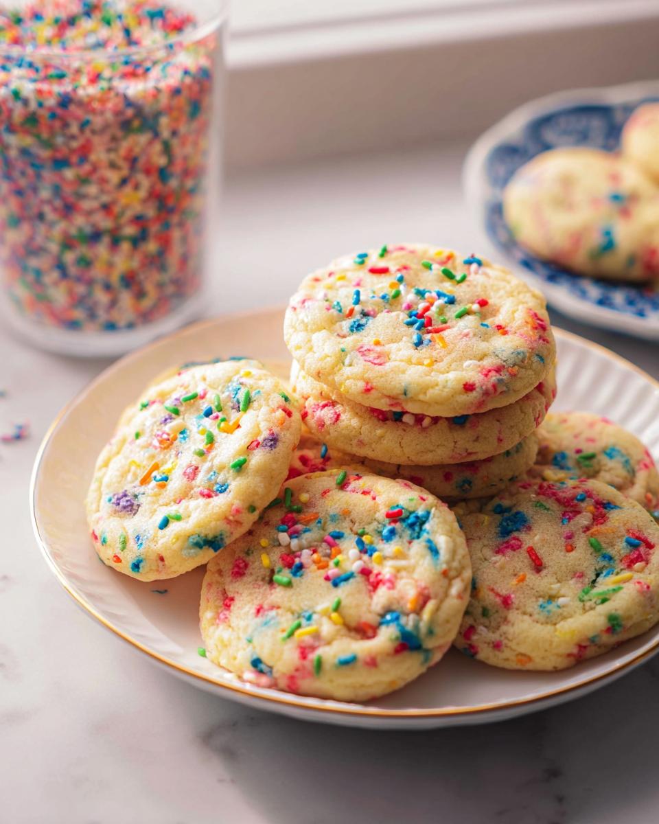 A stack and arrangement of soft, round Confetti Sprinkle Cookies loaded with colorful sprinkles on a white plate.