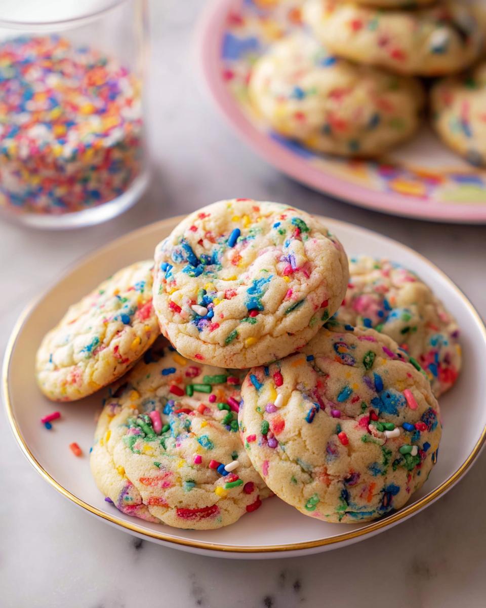 A stack of soft, freshly baked Confetti Sprinkle Cookies loaded with colorful jimmies, served on a white plate.