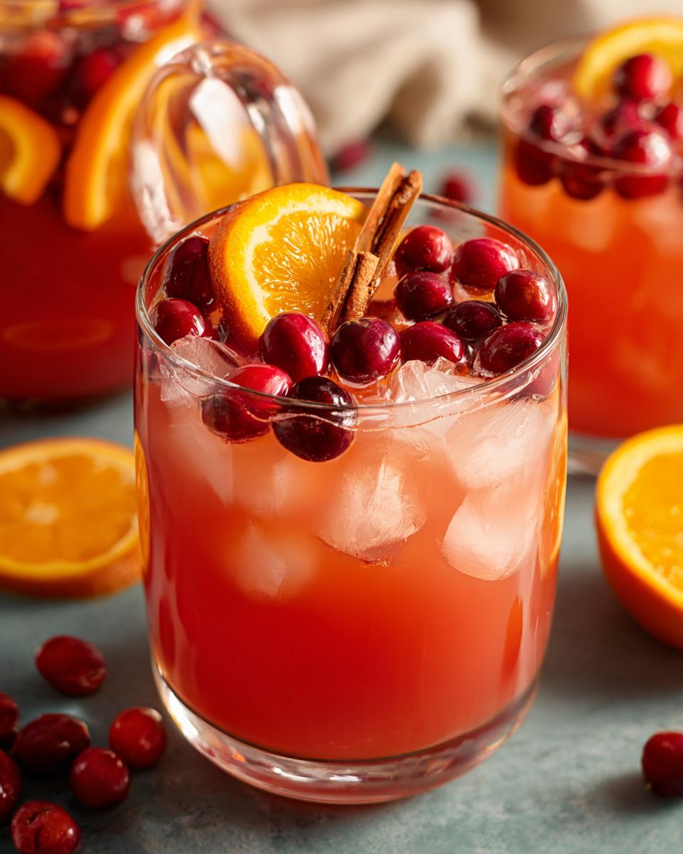 A refreshing cranberry orange Thanksgiving drink with ice, garnished with fresh cranberries, orange slices, and a cinnamon stick.