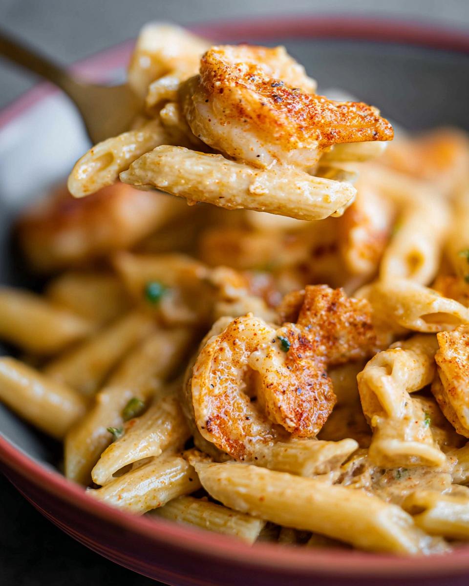 A fork lifting a piece of seasoned shrimp and penne pasta coated in creamy sauce from a bowl of Cajun Shrimp Pasta Recipe.
