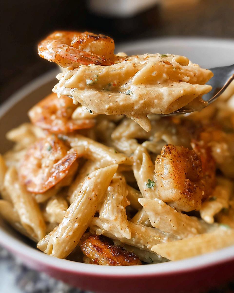 Close-up of a fork lifting creamy penne pasta and seasoned shrimp from a bowl of Cajun Shrimp Pasta Recipe.