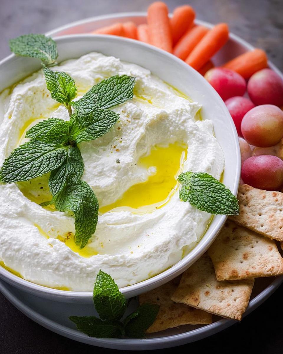 A bowl of creamy white dip drizzled with olive oil and topped with mint, served with crackers and baby carrots, perfect for NYE snacks.
