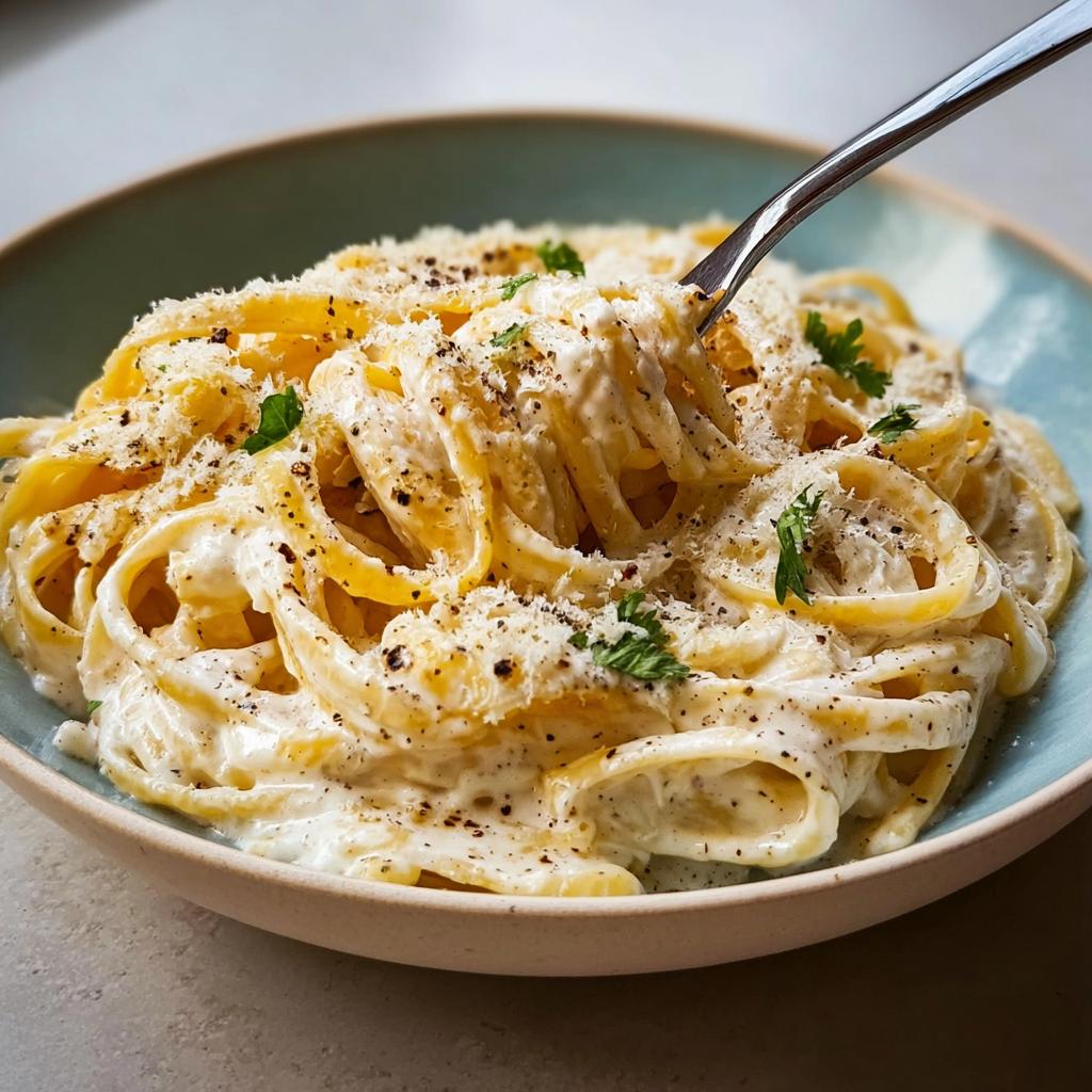 A fork twirling fettuccine coated in creamy, rich Best Alfredo Sauce Recipe Ever, topped with Parmesan and black pepper.