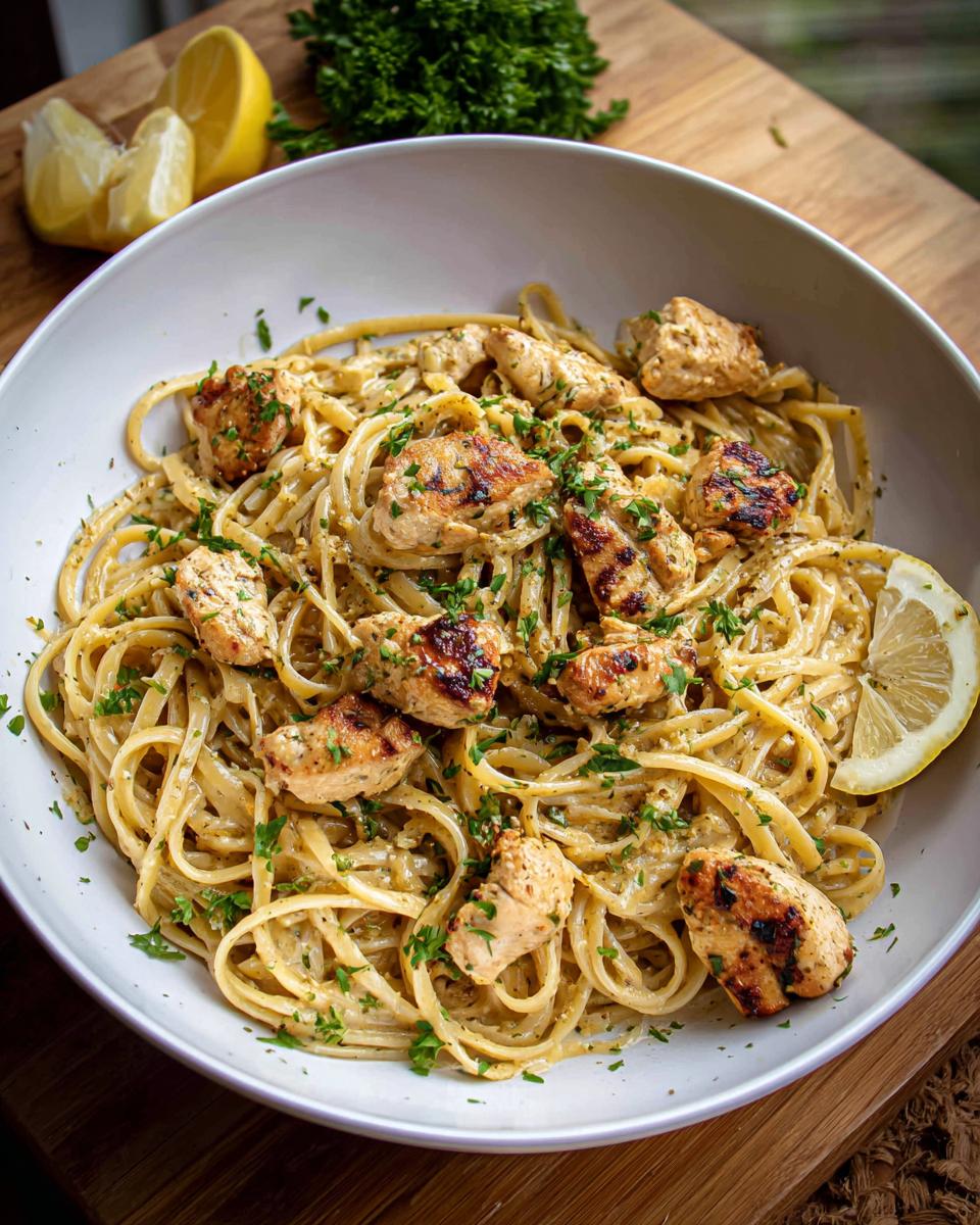 A bowl of Creamy Garlic Parmesan Chicken Pasta topped with grilled chicken pieces and fresh parsley.
