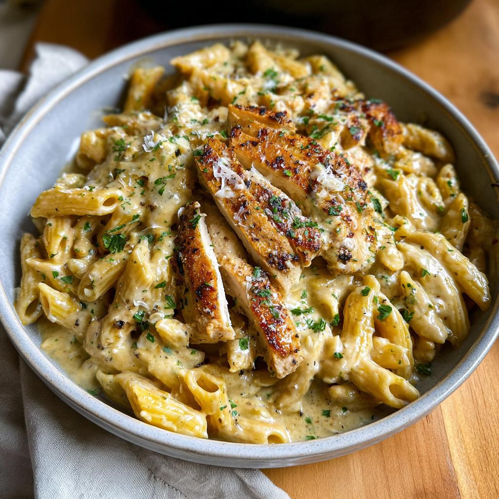A close-up of Creamy Garlic Parmesan Chicken Pasta featuring penne coated in rich sauce and topped with sliced, seasoned chicken.