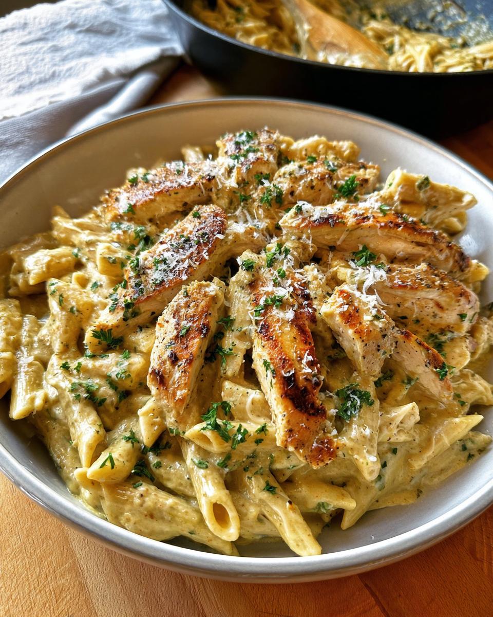Close-up of Creamy Garlic Parmesan Chicken Pasta topped with sliced grilled chicken and parsley.