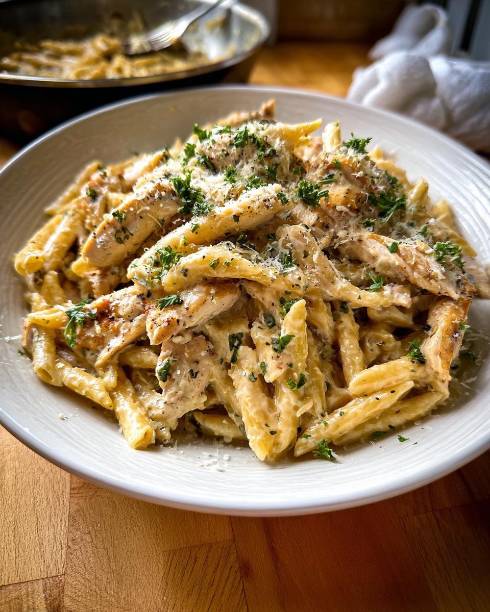 A white bowl filled with Creamy Garlic Parmesan Chicken Pasta, topped with grated cheese and parsley.