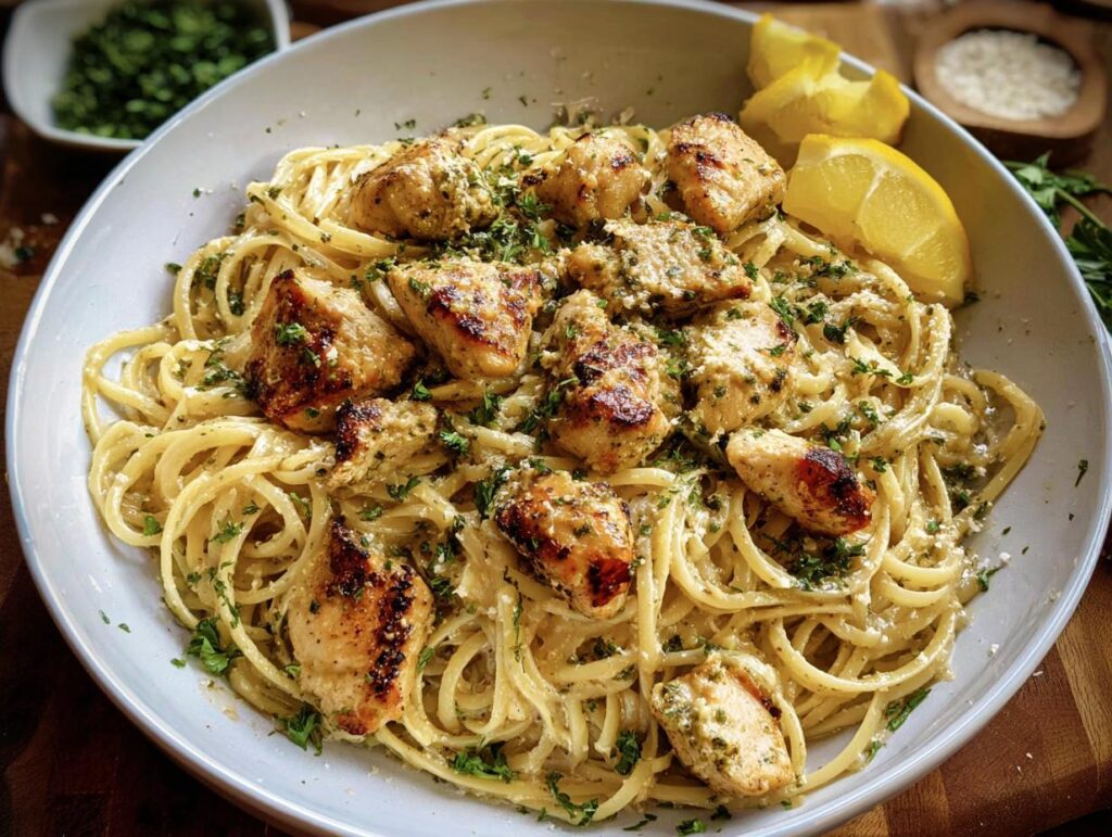 A close-up of Creamy Garlic Parmesan Chicken Pasta topped with grilled chicken pieces and fresh parsley.
