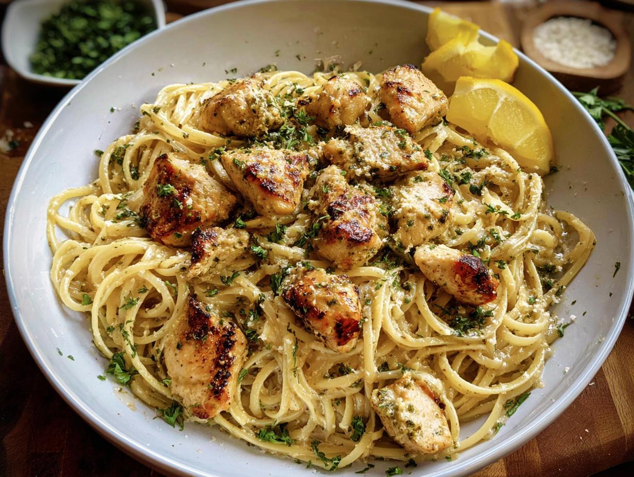 A close-up of Creamy Garlic Parmesan Chicken Pasta topped with grilled chicken pieces and fresh parsley.