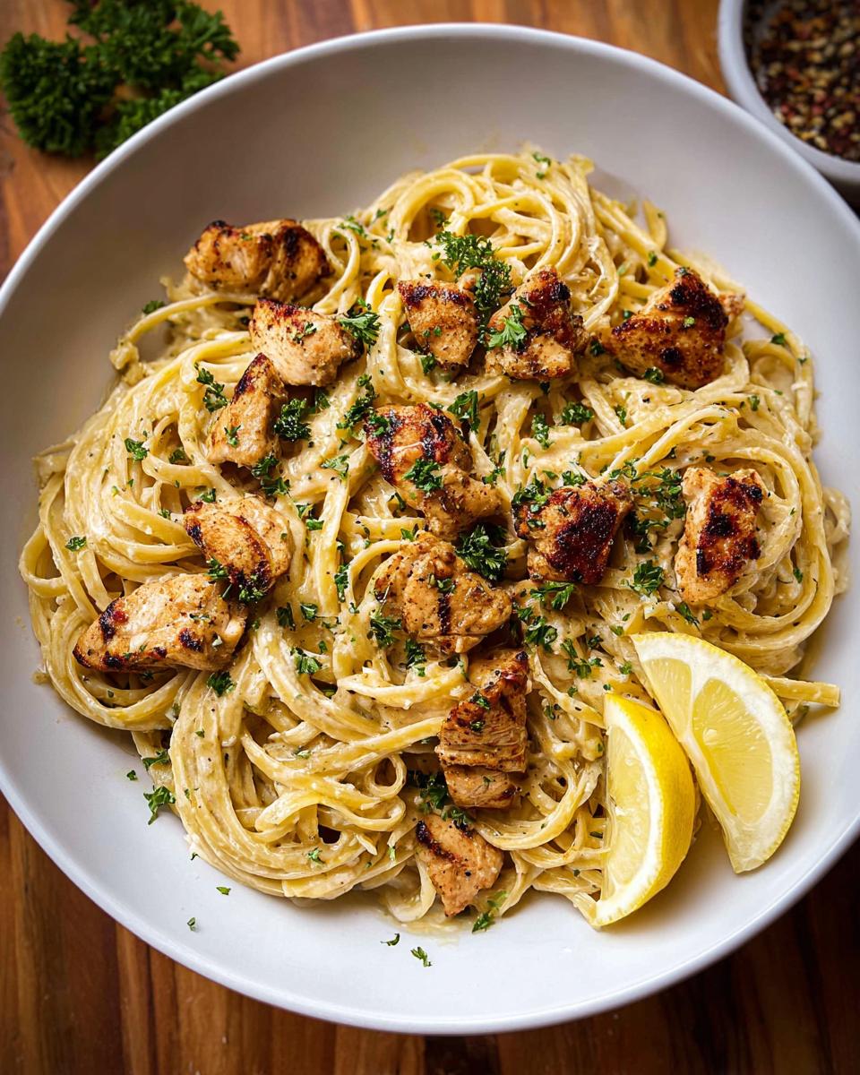 Close-up of Creamy Garlic Parmesan Chicken Pasta topped with grilled chicken pieces and parsley, served with lemon wedges.