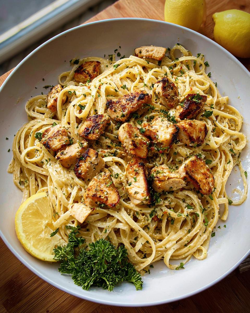 A close-up of a bowl filled with Creamy Garlic Parmesan Chicken Pasta, topped with seared chicken pieces and parsley.
