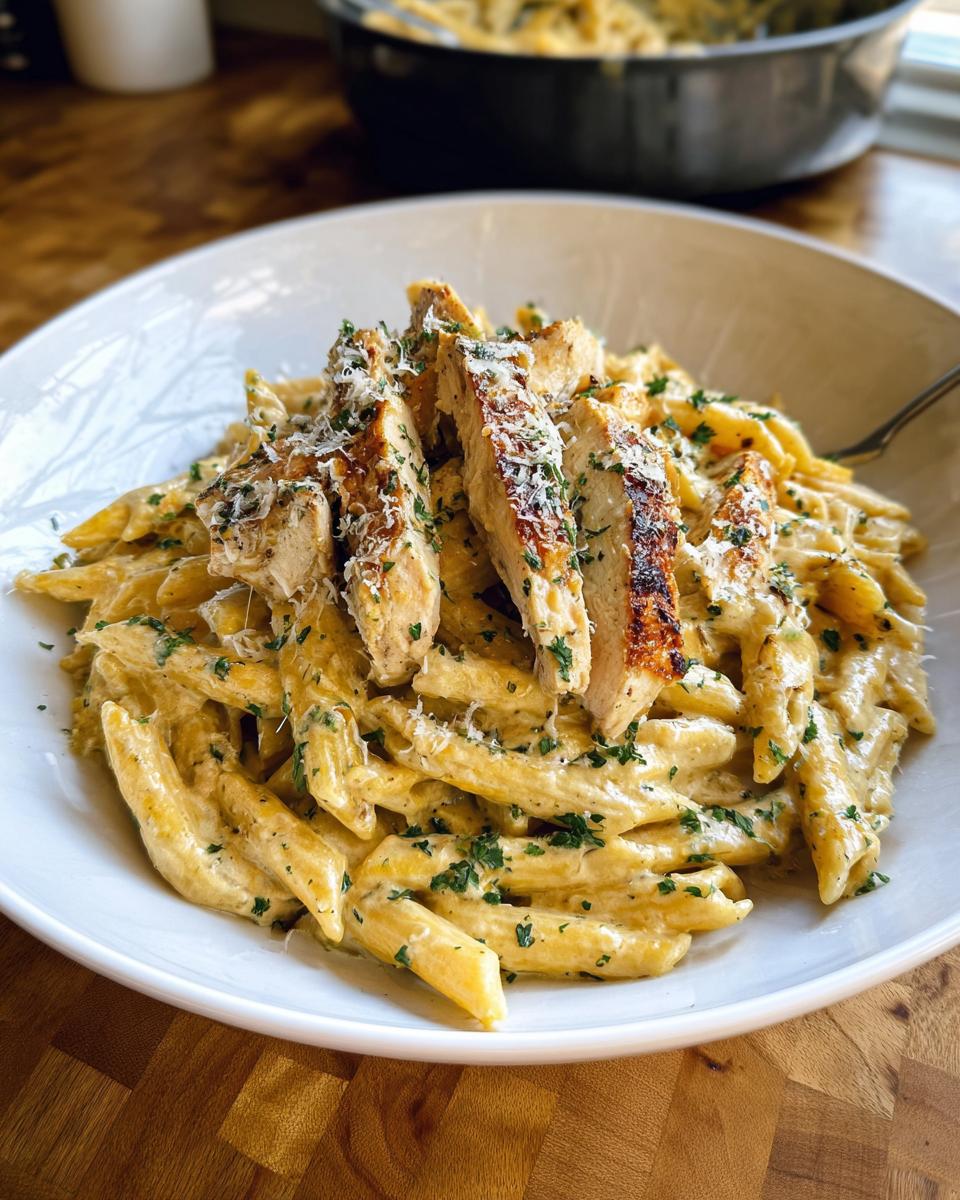 A serving of Creamy Garlic Parmesan Chicken Pasta topped with sliced grilled chicken and grated cheese.