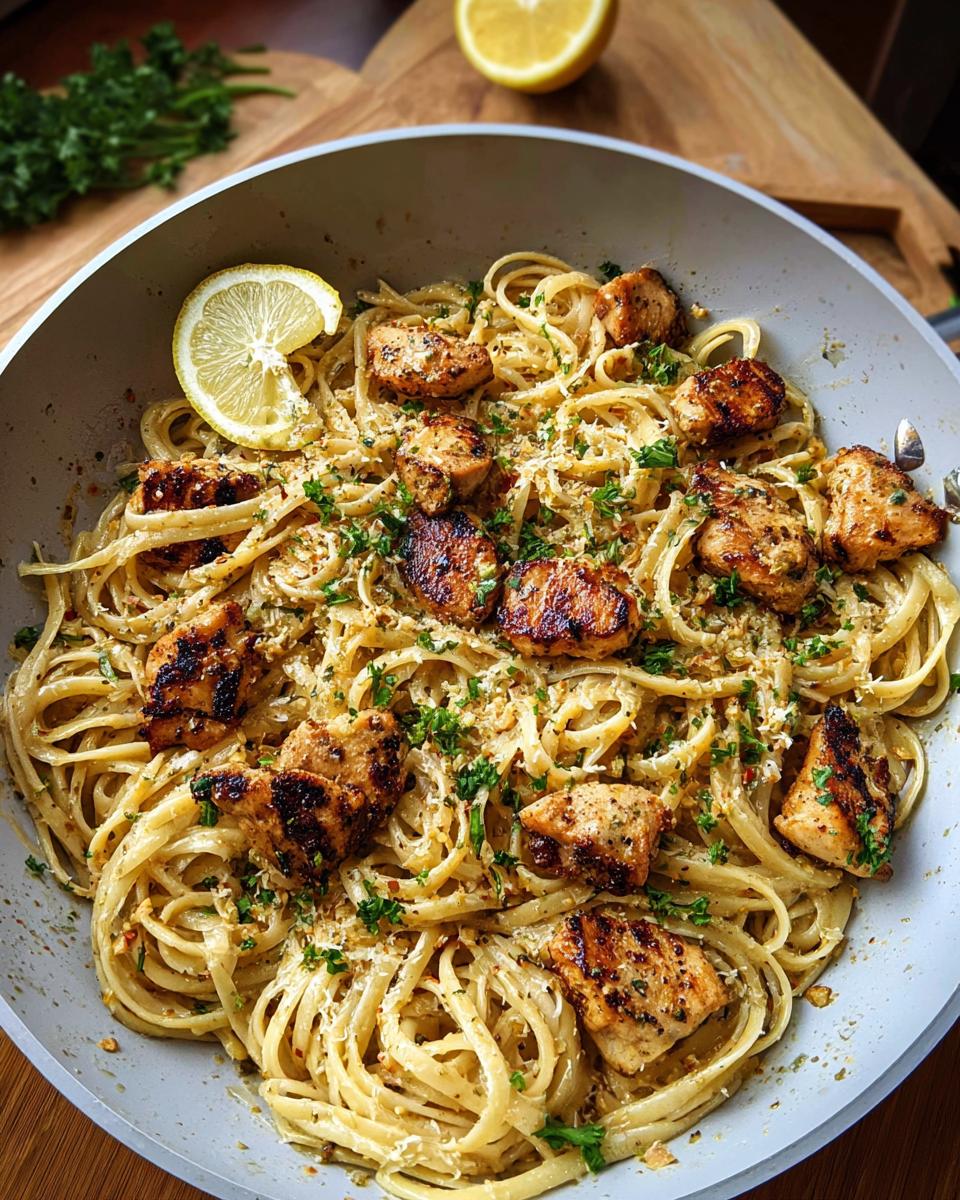 Close-up of Creamy Garlic Parmesan Chicken Pasta tossed with grilled chicken pieces in a skillet.