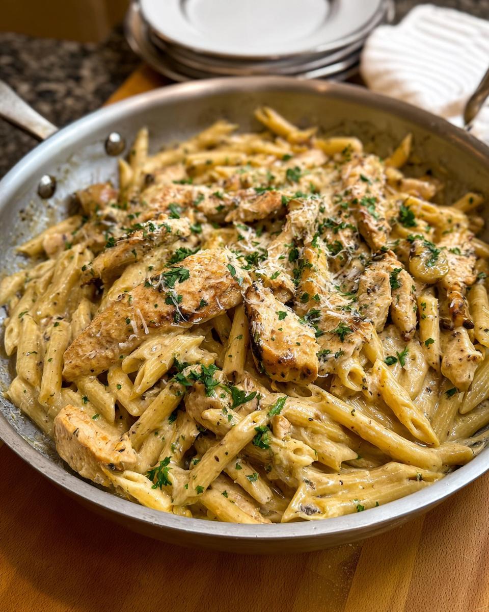 Close-up of Creamy Garlic Parmesan Chicken Pasta with penne, topped with grilled chicken strips and fresh parsley.
